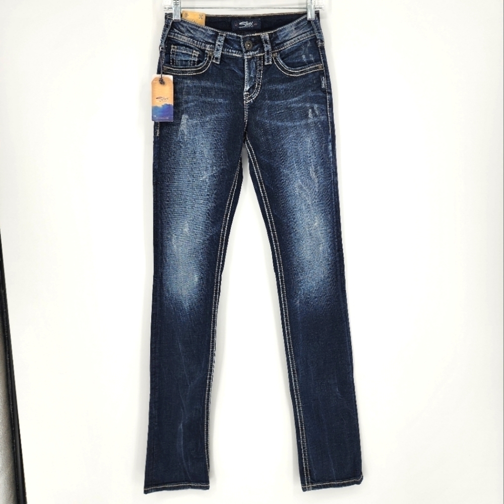 Silver NWT Suki Mid Straight Jeans Indigo Distressed Women's 25Wx34L